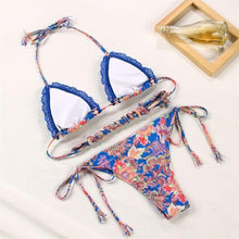 Load image into Gallery viewer, Vintage Print Bikini Female Handwork Small Ruffle Swimming Suit For Women Swimwear High Cut Bikini Set String Print Halter String Triangle Bikini Set Luxury Swimwear Two Piece Swimsuit