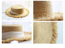 Load image into Gallery viewer, Vintage Straw Hat Women Wide Sun Protection Beach Hat Black And White Ribbon Bowknot Cute Design Straw Cap Women Elegant Summer Hat Beach Fedoras Casual Ladies Flat Top Hat