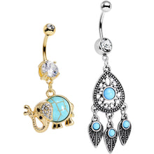 Load image into Gallery viewer, Faux Turquoise Elephant and Dreamcatcher Dangle Belly Ring Set