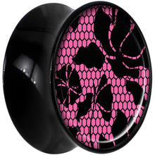 Load image into Gallery viewer, Black Acrylic Pink Floral Lace Saddle Plug Set 5/8