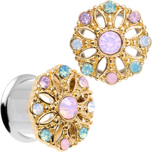 Load image into Gallery viewer, Pink Green White Gem Glam Flower Double Flare Tunnel Plug Set