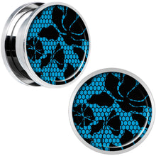 Load image into Gallery viewer, Blue Floral Lace Steel Screw Fit Plug Set 18mm