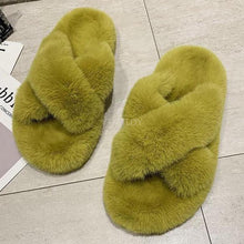 Load image into Gallery viewer, Warm Fluffy Fur Slippers Shoes Women Flip Flop Flat Furry Slides Outdoor Sandals Woman Open Toe Slippers Plush Cross Band Fleece Comfy Memory Foam House Indoor Winter Shoes