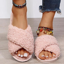 将图片加载到图库查看器,Warm Fluffy Slippers Women Cozy Faux Fur Cross Indoor Floor Slides Flat Soft Furry Flip Flops Fuzzy Slippers Cross Band Fluffy Slippers Faux Fur Slippers Plush House Open Toe Cozy Slippers For Women