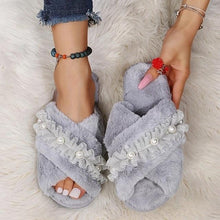 将图片加载到图库查看器,Warm Fluffy Slippers Women Cozy Faux Fur Cross Indoor Floor Slides Flat Soft Furry Flip Flops Fuzzy Slippers Cross Band Fluffy Slippers Faux Fur Slippers Plush House Open Toe Cozy Slippers For Women