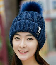 Load image into Gallery viewer, Warm Winter Skellies Beanies Knitted Hat Women Brand High Quality Winter Women Ball Ski Wool Fur Hat Pompoms Hats Knitted Scarf Women's Winter Beanie Hat, Warm Fleece Lined Knitted Soft Ski Cuff Cap with Pompom