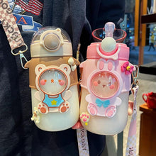 Load image into Gallery viewer, Water Bottle For Children 700ML Cute Stickers With Straw Temperature Kawaii Plastic Cup Portable Student School Bottle Girl Boy Water Bottles with Straw and Strap Cute Water Bottles Cartoon Animal Plastic Drinking Bottle Leakproof Water Bottle