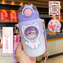 Load image into Gallery viewer, Water Bottle For Children 700ML Cute Stickers With Straw Temperature Kawaii Plastic Cup Portable Student School Bottle Girl Boy Water Bottles with Straw and Strap Cute Water Bottles Cartoon Animal Plastic Drinking Bottle Leakproof Water Bottle