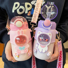 Load image into Gallery viewer, Water Bottle For Children 700ML Cute Stickers With Straw Temperature Kawaii Plastic Cup Portable Student School Bottle Girl Boy Water Bottles with Straw and Strap Cute Water Bottles Cartoon Animal Plastic Drinking Bottle Leakproof Water Bottle