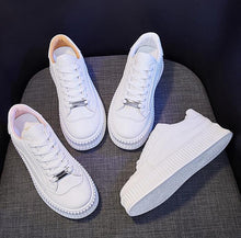 Load image into Gallery viewer, White Women Spring Running Thick Shoes Woman Comfortable Sneakers Leather Spring Flats Trainers Outdoor Vulcanize Slip On Trainers Fashion Platform Sneakers