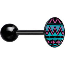 Load image into Gallery viewer, Pink Teal Tribal Pattern Black Barbell Tongue Ring