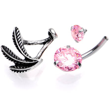 Load image into Gallery viewer, Pink Gem Feather Trio Dangle Belly Ring