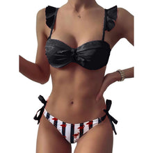 Load image into Gallery viewer, Women 2Pcs Summer Beach Bathing Suit Bowknot Ruffle Sleeve Crop Tops Striped Print Swimsuit Bikini Sets 2 Piece Ruffled V Neck Bathing Suits Summer Swimwear