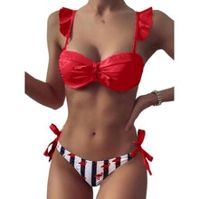 Load image into Gallery viewer, Women 2Pcs Summer Beach Bathing Suit Bowknot Ruffle Sleeve Crop Tops Striped Print Swimsuit Bikini Sets 2 Piece Ruffled V Neck Bathing Suits Summer Swimwear