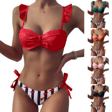 Load image into Gallery viewer, Women 2Pcs Summer Beach Bathing Suit Bowknot Ruffle Sleeve Crop Tops Striped Print Swimsuit Bikini Sets 2 Piece Ruffled V Neck Bathing Suits Summer Swimwear