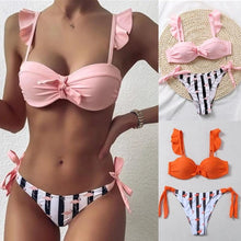 Load image into Gallery viewer, Women 2Pcs Summer Beach Bathing Suit Bowknot Ruffle Sleeve Crop Tops Striped Print Swimsuit Bikini Sets 2 Piece Ruffled V Neck Bathing Suits Summer Swimwear