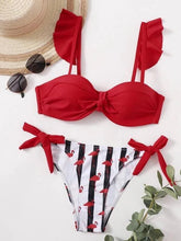 Load image into Gallery viewer, Women 2Pcs Summer Beach Bathing Suit Bowknot Ruffle Sleeve Crop Tops Striped Print Swimsuit Bikini Sets 2 Piece Ruffled V Neck Bathing Suits Summer Swimwear