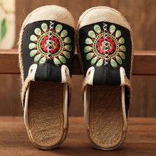 将图片加载到图库查看器,Women Casual Linen Handmade Mules Flat Slippers Retro Vegan Summer Canvas Comfortable Espadrille New Women Shoes Slides Flat Summer Style Handmade Retro Slippers