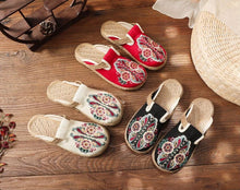 将图片加载到图库查看器,Women Casual Linen Handmade Mules Flat Slippers Retro Vegan Summer Canvas Comfortable Espadrille New Women Shoes Slides Flat Summer Style Handmade Retro Slippers