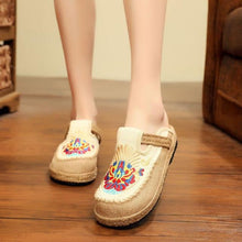 将图片加载到图库查看器,Women Casual Linen Handmade Mules Flat Slippers Retro Vegan Summer Canvas Comfortable Espadrille New Women Shoes Slides Flat Summer Style Handmade Retro Slippers