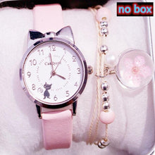 将图片加载到图库查看器,Women Charming Watch Set Pink Leather Strap Student Watch Children Black Cat Leather Strap And Round Dial Quartz Watches For Women Cat Dial With Stainless Steel Dial Quartz Watch