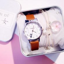 将图片加载到图库查看器,Women Charming Watch Set Pink Leather Strap Student Watch Children Black Cat Leather Strap And Round Dial Quartz Watches For Women Cat Dial With Stainless Steel Dial Quartz Watch