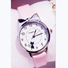 将图片加载到图库查看器,Women Charming Watch Set Pink Leather Strap Student Watch Children Black Cat Leather Strap And Round Dial Quartz Watches For Women Cat Dial With Stainless Steel Dial Quartz Watch