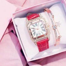 Load image into Gallery viewer, Women Diamond Watch Starry Square Dial Bracelet Watches Set Ladies Leather Band Quartz Wristwatch Minimalist Transparent Leather Watch For Girls Band Casual Analog Quartz Ladies Watch