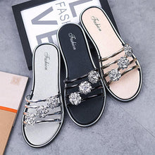 Load image into Gallery viewer, Women Fashion Silver High Quality Anti Skid Beach Sandals Lady Casual Golden Crystal Summer Home Sandals Women's T-Strap Thong Crystal Rhinestone Glitter Stretch Flat Sandal