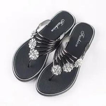 Load image into Gallery viewer, Women Fashion Silver High Quality Anti Skid Beach Sandals Lady Casual Golden Crystal Summer Home Sandals Women's T-Strap Thong Crystal Rhinestone Glitter Stretch Flat Sandal