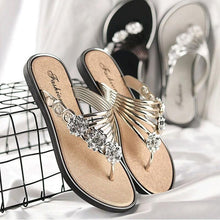 Load image into Gallery viewer, Women Fashion Silver High Quality Anti Skid Beach Sandals Lady Casual Golden Crystal Summer Home Sandals Women's T-Strap Thong Crystal Rhinestone Glitter Stretch Flat Sandal