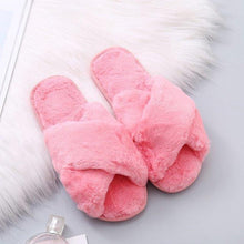 Load image into Gallery viewer, Women Fashion Warm Fluffy Slippers Cozy Faux Fur Cross Indoor Floor Slides Flat Soft Furry Flip Flops Cross Band Soft Plush Cozy House Shoes Furry Open Toe Indoor Outdoor Slip On Warm Breathable Anti-Skid Sole