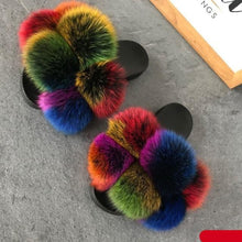 将图片加载到图库查看器,Women Fox Fur Slides Home Beautiful Flat Sandals Female Cute Fluffy House Woman Fur Fluffy Slippers Furry Slides Summer Sandals Open Toe Indoor Outdoor Comfortable Slides Sandals