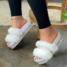 将图片加载到图库查看器,Women Fur Slippers Summer Home Flat Fur Slides For Women Fluffy Shoes Glitter Women' Casual Shoes House Slippers With Arch Support Slip-On Slippers For Women Flat Sandals