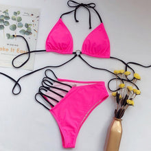 将图片加载到图库查看器,Women High Waist Bikini Swimsuit Swimwear Female Women Metal Ring Cross Bandage Bikini Set Swimsuit Two Piece Cutout Tie Back Bathing Suit Thong Bikini Set Bathing Suit Bather