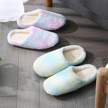Load image into Gallery viewer, Women Home Slippers With Faux Fur Flats Heel Winter Shoes Keep Warm Shoes For Woman Rainbow Faux Fur Warm Memory Foam Slippers Suede Slip-on Cozy House Shoes Non-Slip Sole