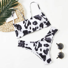 Load image into Gallery viewer, Women Lace Up Black Print Bikini Set Beach Swimsuit Women's Halter Self Bikini Set Padded Top Two Piece Swimsuit Summer Padded Bra Swim Panties Bandage Vintage Bathing Suit