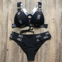 Load image into Gallery viewer, Women Luxury Black White Swimwear Women's Swimming Suit Push Up Bikini Lace Up Bikinis Women Swimsuit Women's Bathing Suits Push Up Halter Bandage Bikini Letter Printing Mini Summer Bikini Set