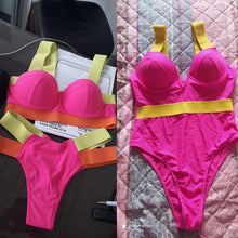 将图片加载到图库查看器,Women Push Up Bikini Women Neon Bandage Swimwear Women Patchwork Bikini Swimsuit 2 Piece Cutout Molded Push Up Bathing Suit Ruffle Hook Closure Bikini Set Two Piece Bathing Suit