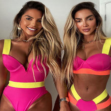 将图片加载到图库查看器,Women Push Up Bikini Women Neon Bandage Swimwear Women Patchwork Bikini Swimsuit 2 Piece Cutout Molded Push Up Bathing Suit Ruffle Hook Closure Bikini Set Two Piece Bathing Suit