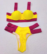 将图片加载到图库查看器,Women Push Up Bikini Women Neon Bandage Swimwear Women Patchwork Bikini Swimsuit 2 Piece Cutout Molded Push Up Bathing Suit Ruffle Hook Closure Bikini Set Two Piece Bathing Suit