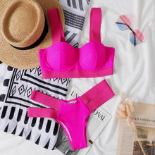将图片加载到图库查看器,Women Push Up Bikini Women Neon Bandage Swimwear Women Patchwork Bikini Swimsuit 2 Piece Cutout Molded Push Up Bathing Suit Ruffle Hook Closure Bikini Set Two Piece Bathing Suit