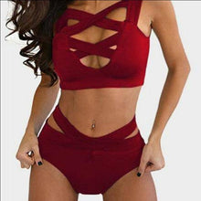 Load image into Gallery viewer, Women's Bikini Set Bandage Stretch Swimwear Push-Up Padded Criss-Cross Up Swimsuit High Waist Bathing Suit Plain Women Luxury Black Bikini Sets Two Piece Bandage Back Tie High Waist Quick Dry Push Up Swimsuits