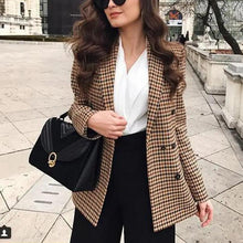 将图片加载到图库查看器,Women's Fashionable Office Wear Double Breasted Plaid Blazer Coat Vintage Long Sleeve Pockets Female Outerwear Chic Tops