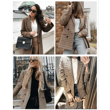 将图片加载到图库查看器,Women's Fashionable Office Wear Double Breasted Plaid Blazer Coat Vintage Long Sleeve Pockets Female Outerwear Chic Tops