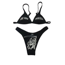 将图片加载到图库查看器,Women’s Funny Printed 2Pcs Bikini Suits Women's Scalloped Triangle Bikini Print Bottom Two Piece Swimsuit Deep V-neck Detachable Breast Pad Sling Tops with Triangle Bottoms Swimsuits