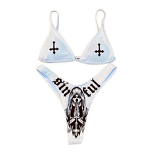 将图片加载到图库查看器,Women’s Funny Printed 2Pcs Bikini Suits Women's Scalloped Triangle Bikini Print Bottom Two Piece Swimsuit Deep V-neck Detachable Breast Pad Sling Tops with Triangle Bottoms Swimsuits