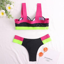 将图片加载到图库查看器,Women's Swimsuits Swimwear Patchwork Bikini Woman Push up Bikinis Swimsuit Bathing Suits Women Rave Neon Patchwork Bikini Swimsuit 2 Piece Cutout Molded Push Up Bathing Suit