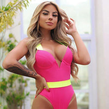 将图片加载到图库查看器,Women's Swimsuits Swimwear Patchwork Bikini Woman Push up Bikinis Swimsuit Bathing Suits Women Rave Neon Patchwork Bikini Swimsuit 2 Piece Cutout Molded Push Up Bathing Suit
