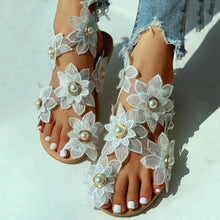 Load image into Gallery viewer, Women Sandals Fashion Style Summer Shoes Beach Comfortable Flat Sandals Flower Sandals Open Toe Pearl Casual Lace Floral Beach Flip Flop Comfy Shoes Summer Elegant Toe Sandals Comfy Dress